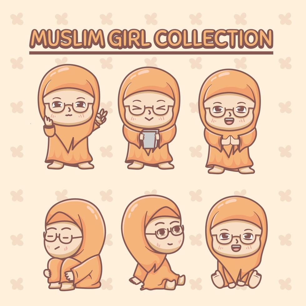 schattig kawaii chibi moslim meisje verzameling vector