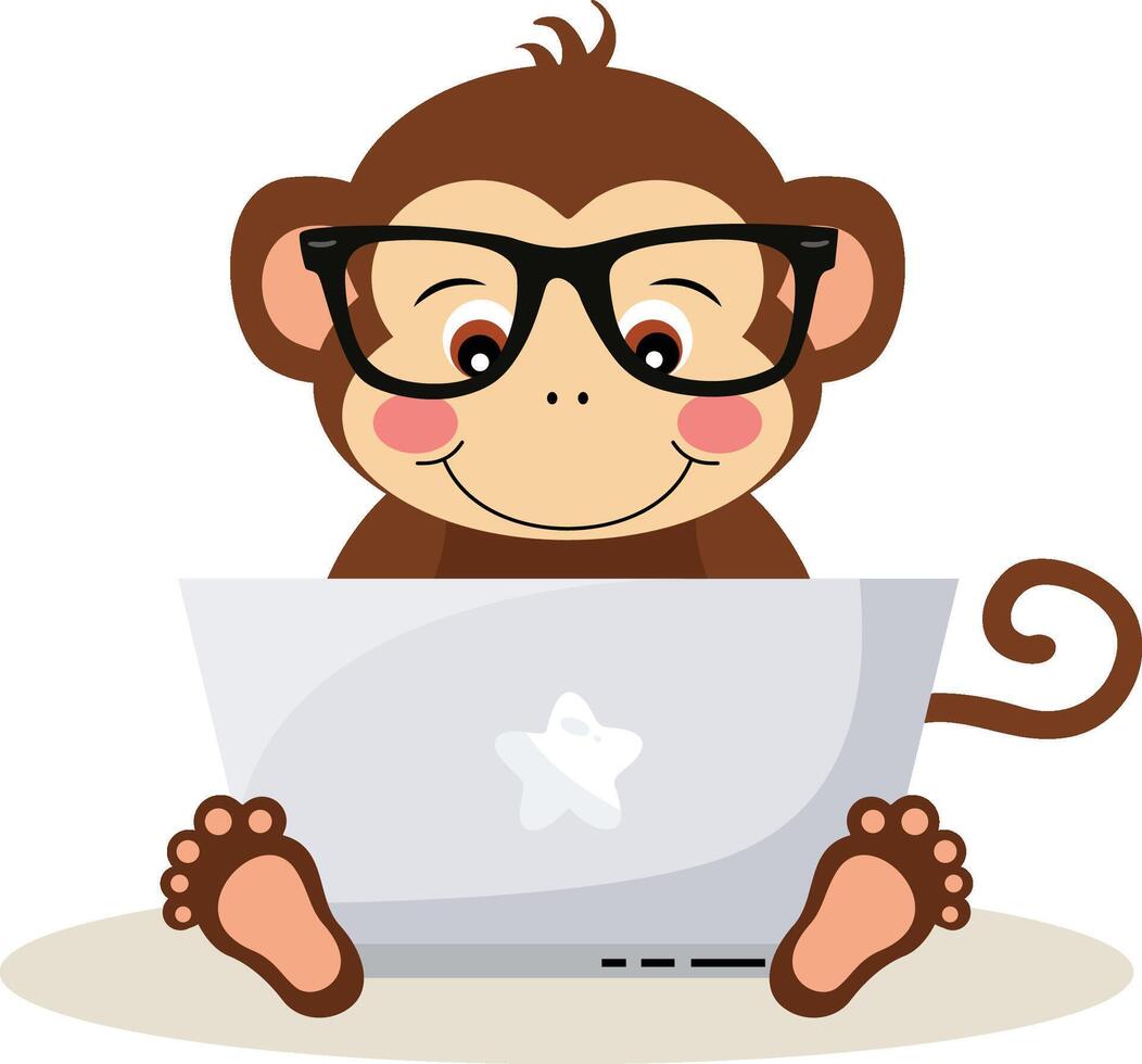 schattige aap die met laptop werkt vector