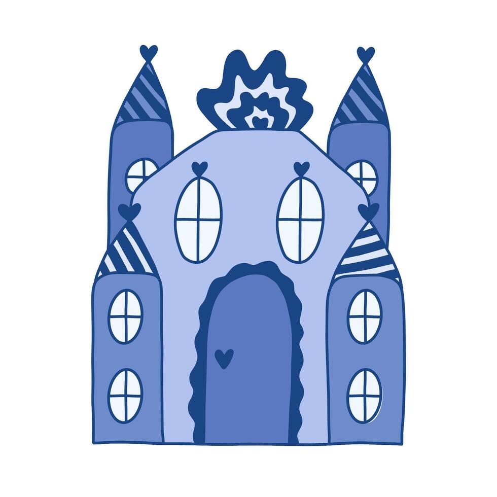 schattig gevormde fee verhaal kasteel met torens van koningen en koninginnen. magie middeleeuws kasteel voor kinderen kinderkamer, kinderen affiches, slaapkamer ontwerp. vector hand- getrokken tekening van Koninklijk koninkrijk