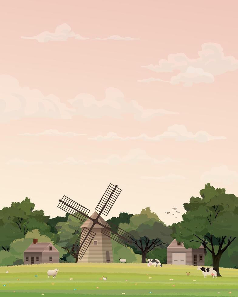 oud boerderij windmolen en vee in gras veld- hebben vanille lucht achtergrond hebben blanco ruimte. platteland leven concept verticaal vorm vector illustratie.