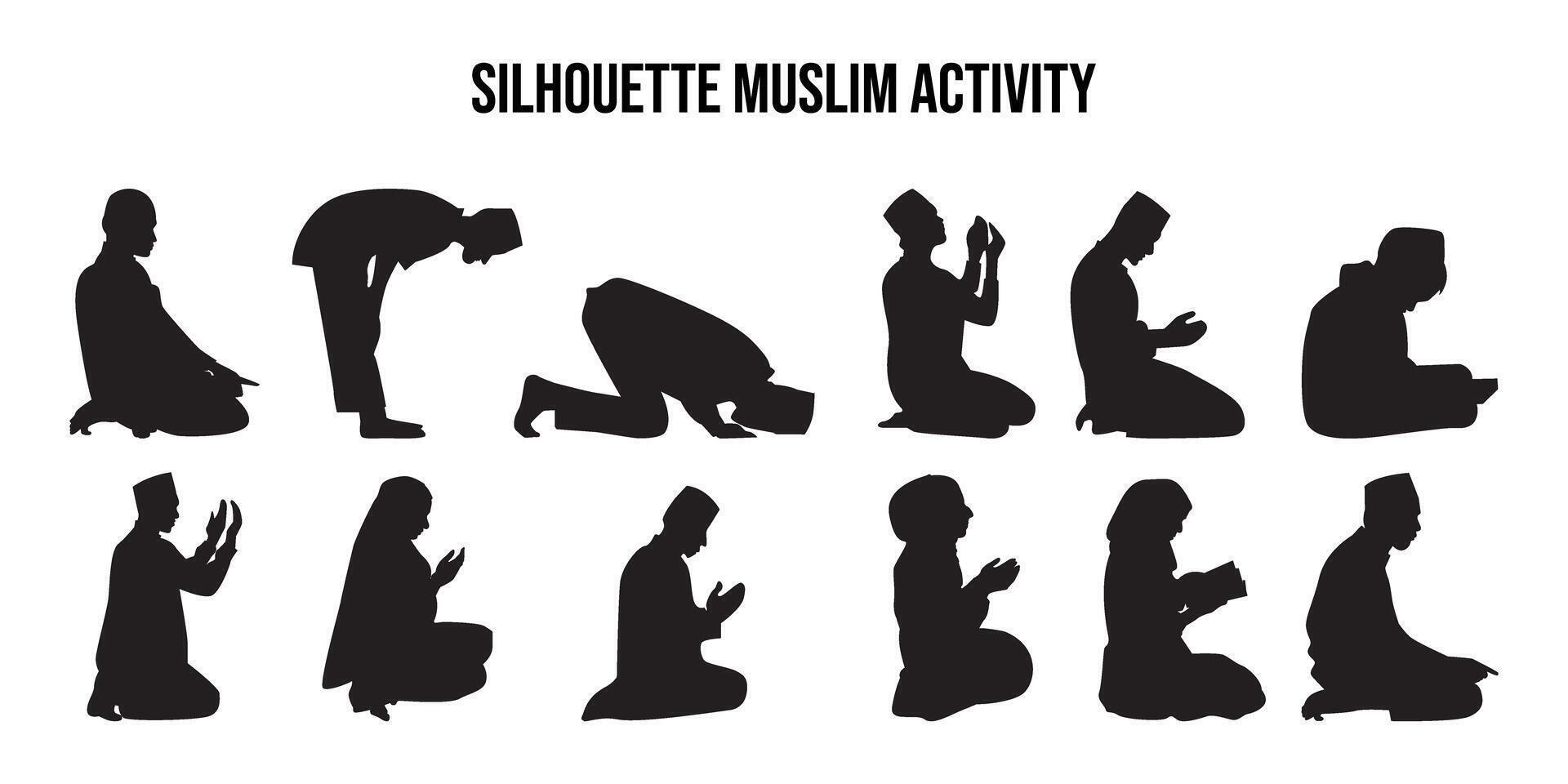 silhouet van moslim bidden, moslim shalat silhouet vector reeks