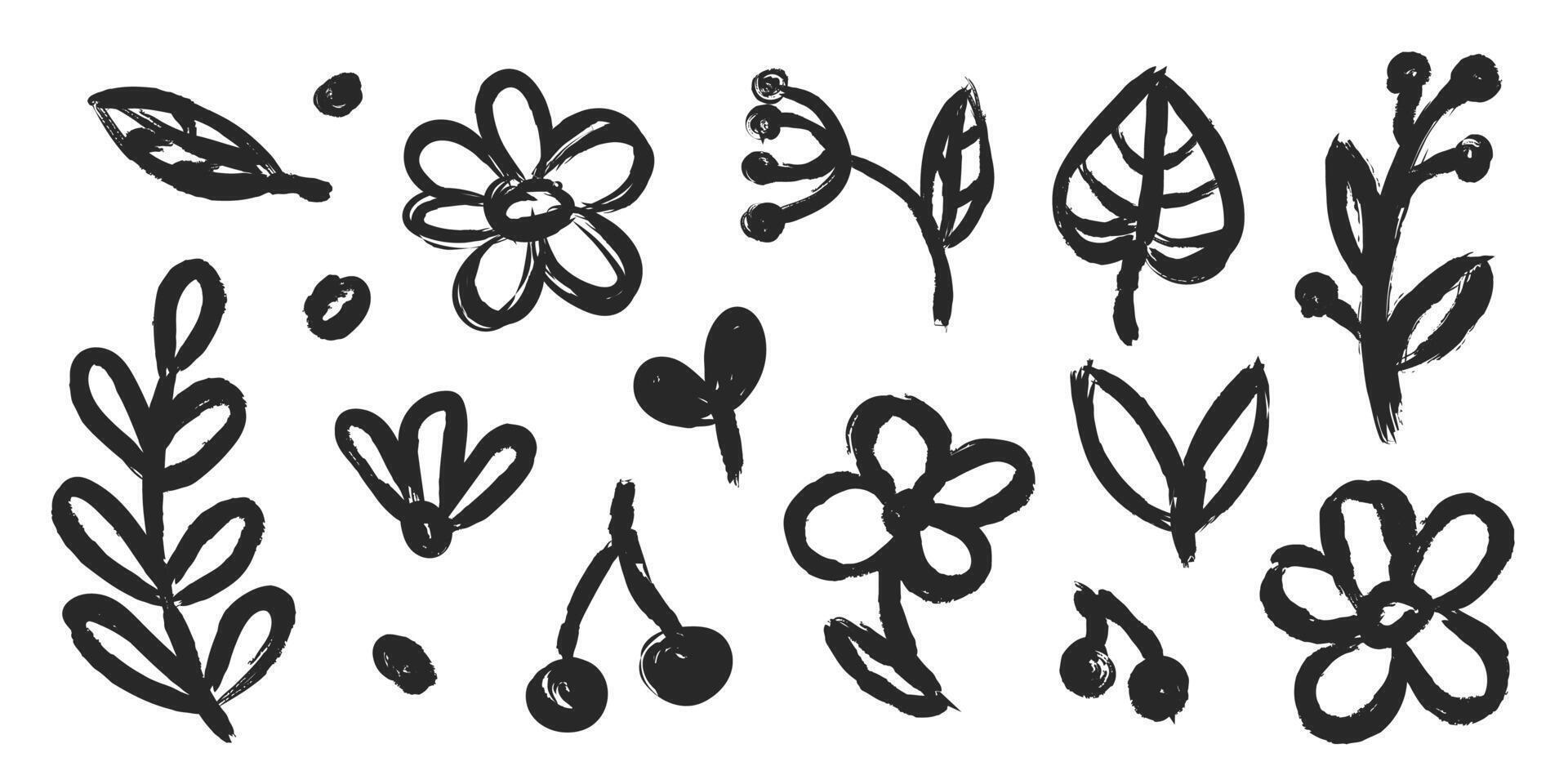 bloemen tekening hand- getrokken met grunge borstel textuur. vector gemakkelijk bloem, blad borstel hartinfarct.