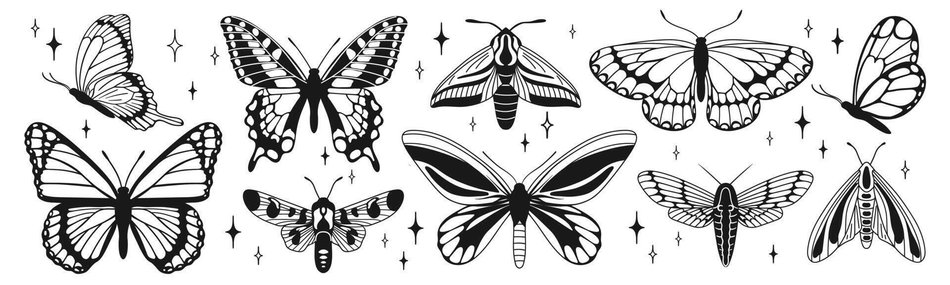 vlinders en motten y2k stijlvol, hand- getrokken. vector grafiek in modieus retro jaren 2000 stijl.