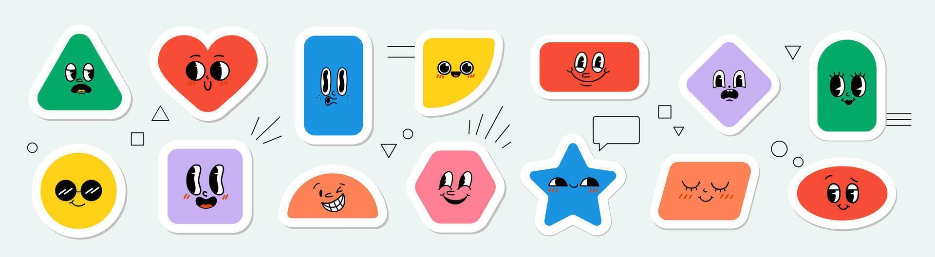 vector meetkundig stickers met verschillend gelaats emoties. schattig tekenfilm karakters.