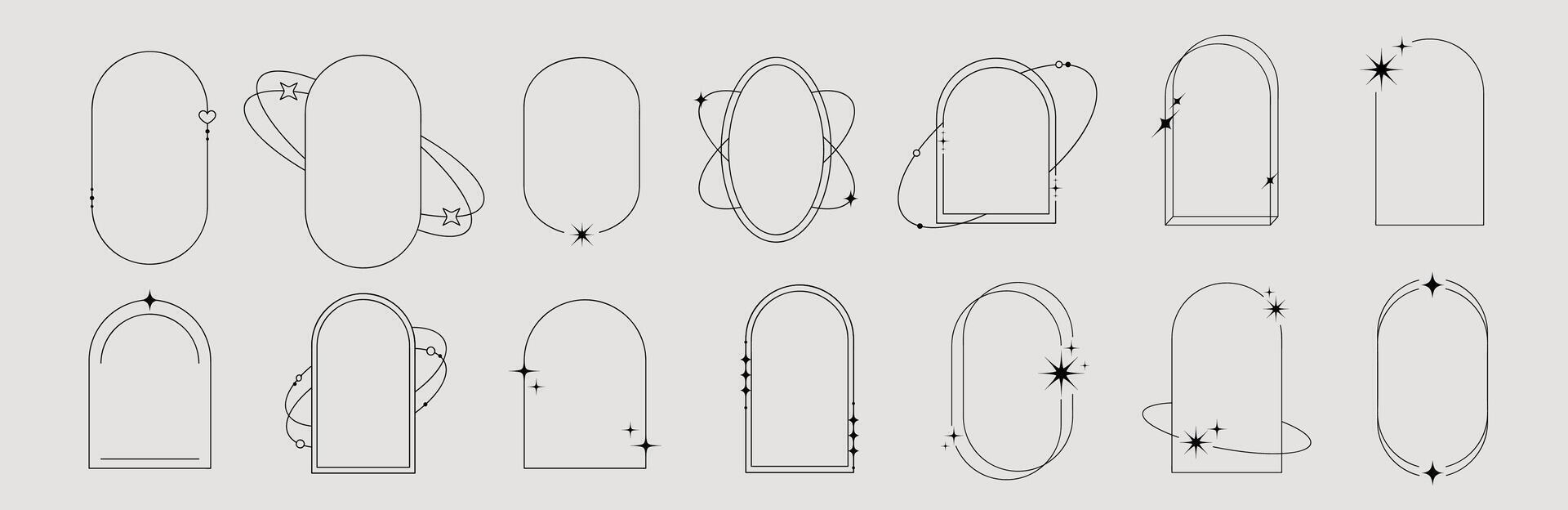 reeks van meetkundig vormen in modieus 90s stijl. zwart modieus ontwerp met kader, schitteren, hart, cirkel, ster, lijnen. vector