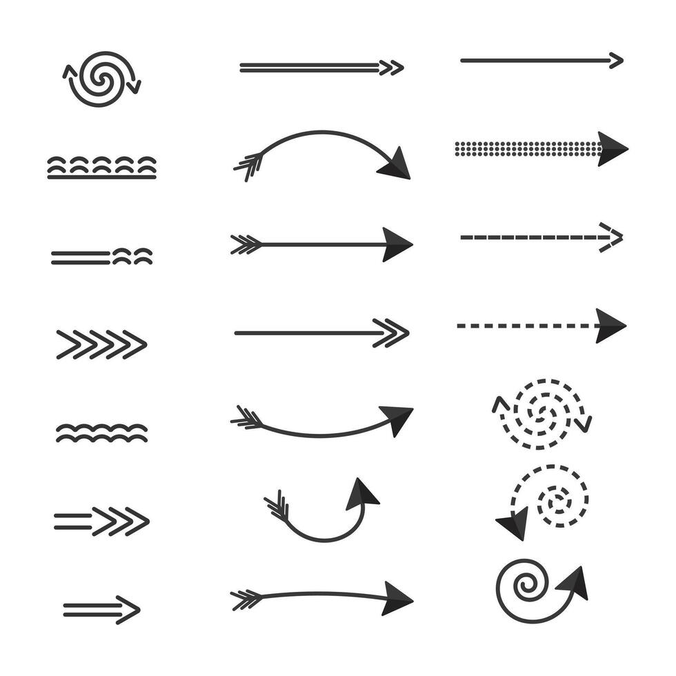 pijlen richting van beweging, een reeks van zwart pijlen van verschillend vormen stippel gedraaid aanwijzers oriëntatiepunten. vector elementen isoleren