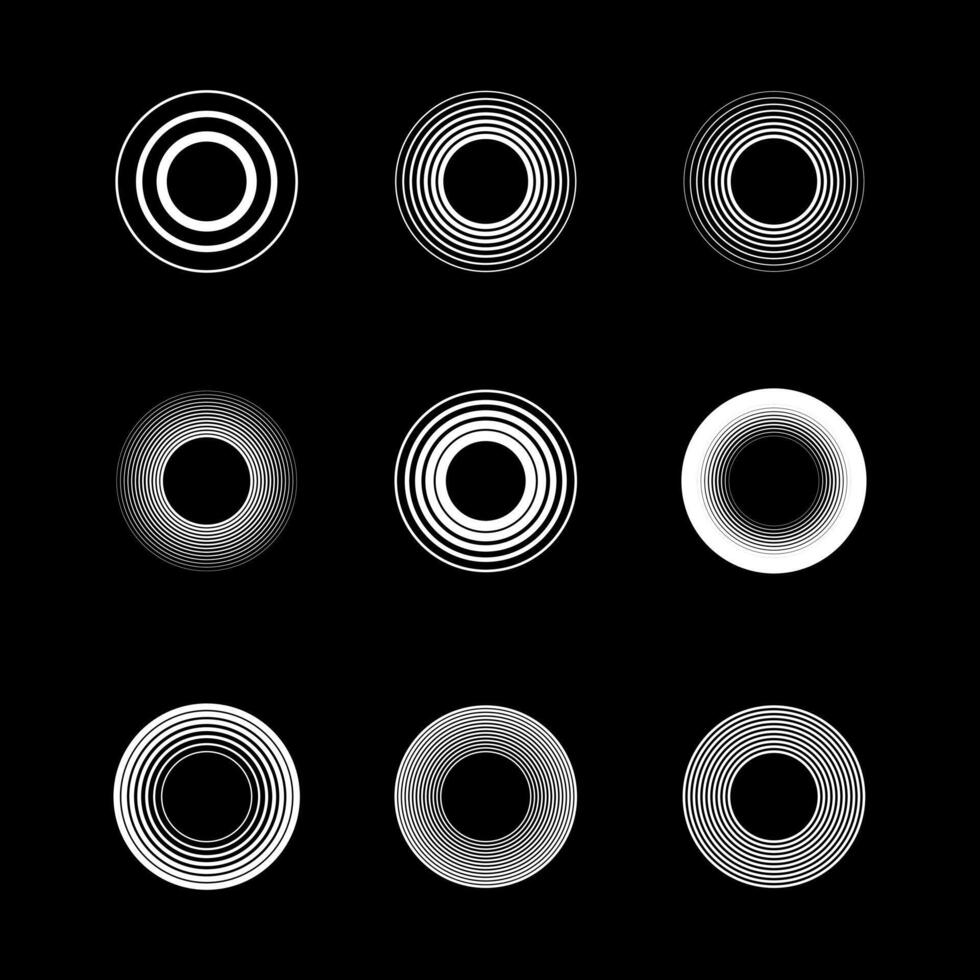 wit ronde lineair halftone elementen. circulaire radiaal abstract logo Sjablonen. vector illustratie Aan zwart