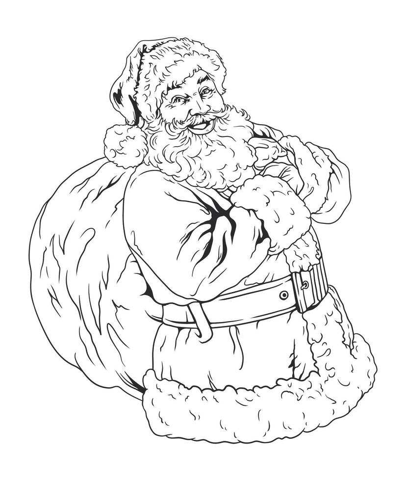 een zwart en wit de kerstman een reusachtig zak van geschenken. vector lijn tekening