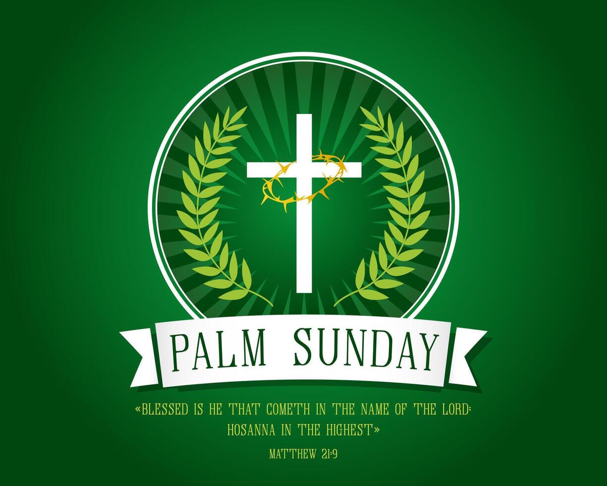 palm zondag illustratie met Jezus kruis, groen palm bladeren en lintje. creatief icoon vector
