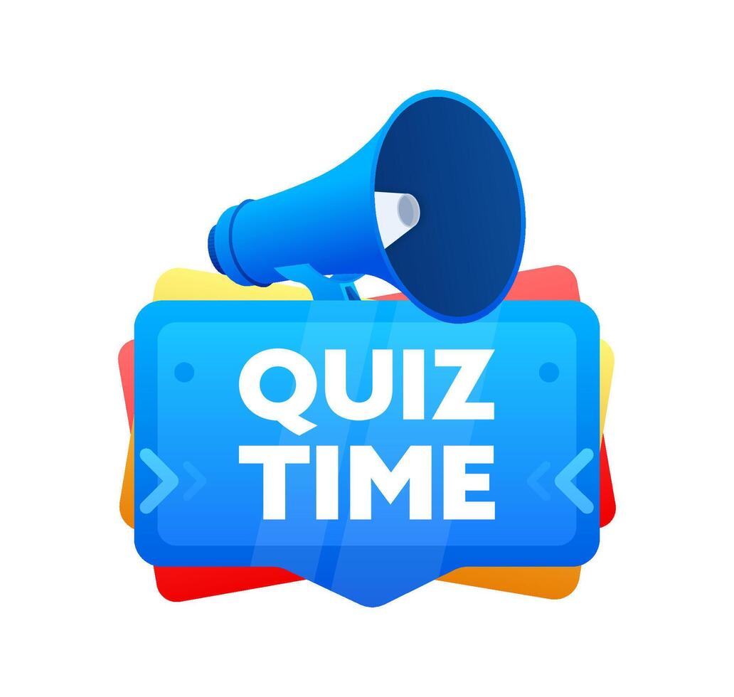 quiz tijd. insigne met megafoon banier, label. afzet en reclame. vector illustratie