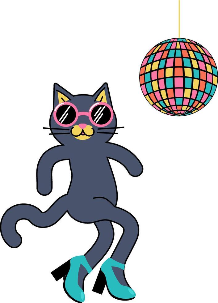 dansen kat in de omgeving van de disco bal grappig dier huisdier. dier liefhebbers. feest. vector illustratie Aan wit achtergrond.