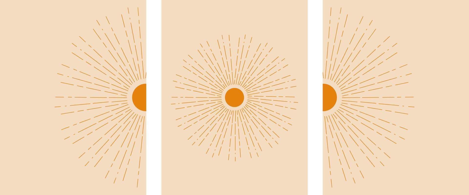 Boheems lineair reeks poster zon afdrukken boho minimalistische afdrukbare muur kunst stijl meetkundig abstract zonsondergang zonsopkomst afdrukken kunst werk vector banier wijnoogst structuur natuurlijk kleur