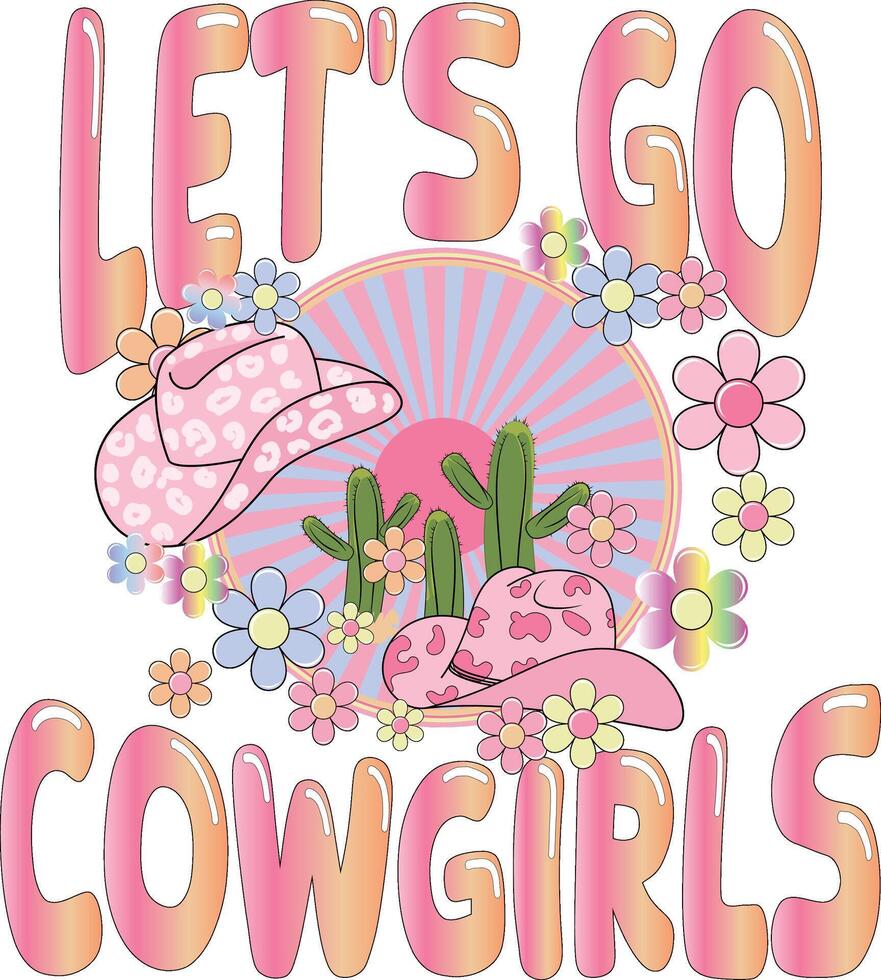 wijnoogst cowgirls woestijn embleem met cactus landschap en cowboy hoed. roze ontwerp van wild kant met tekst - laat s Gaan veedrijfster. veedrijfster ronde concept in retro midden- oostelijk stijl. vector illustratie.