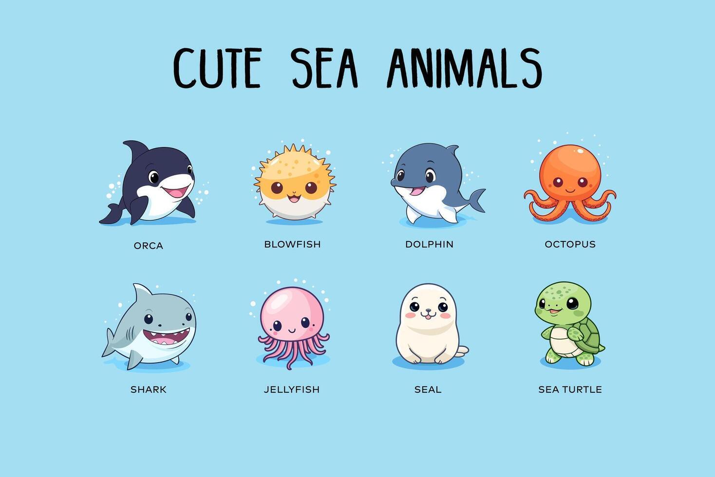 schattig vrolijk chibi zee dieren illustraties reeks vector