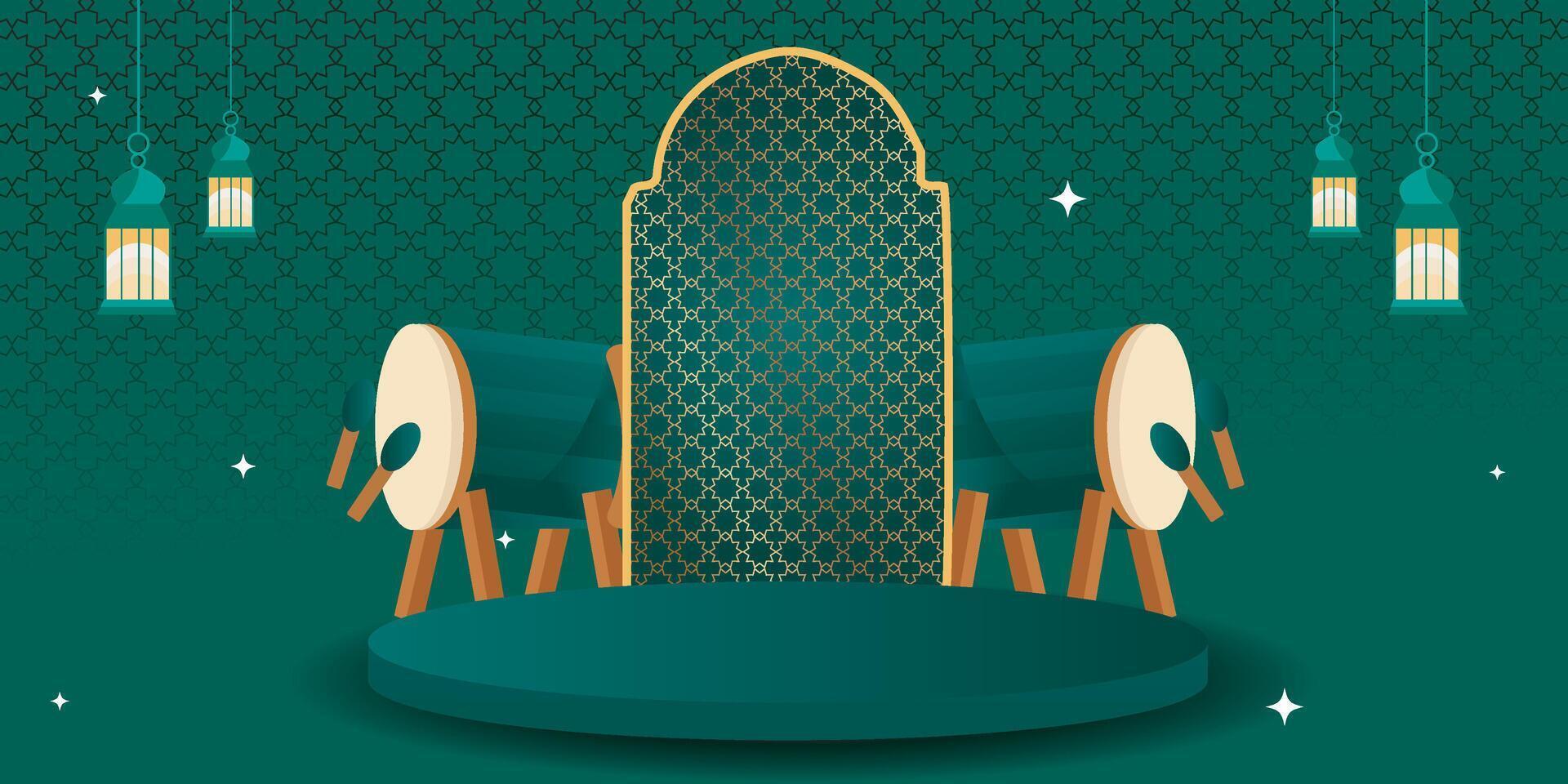 Ramadan stijl gouden deuren en ramen. Ramadan achtergrond ontwerp met podium Scherm vector