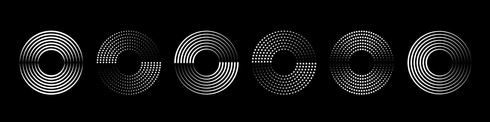 reeks van halftone circulaire stippel lijsten, minimalistisch meetkundig logo. cirkel dots structuur geïsoleerd Aan zwart achtergrond. vector abstract ontwerp element