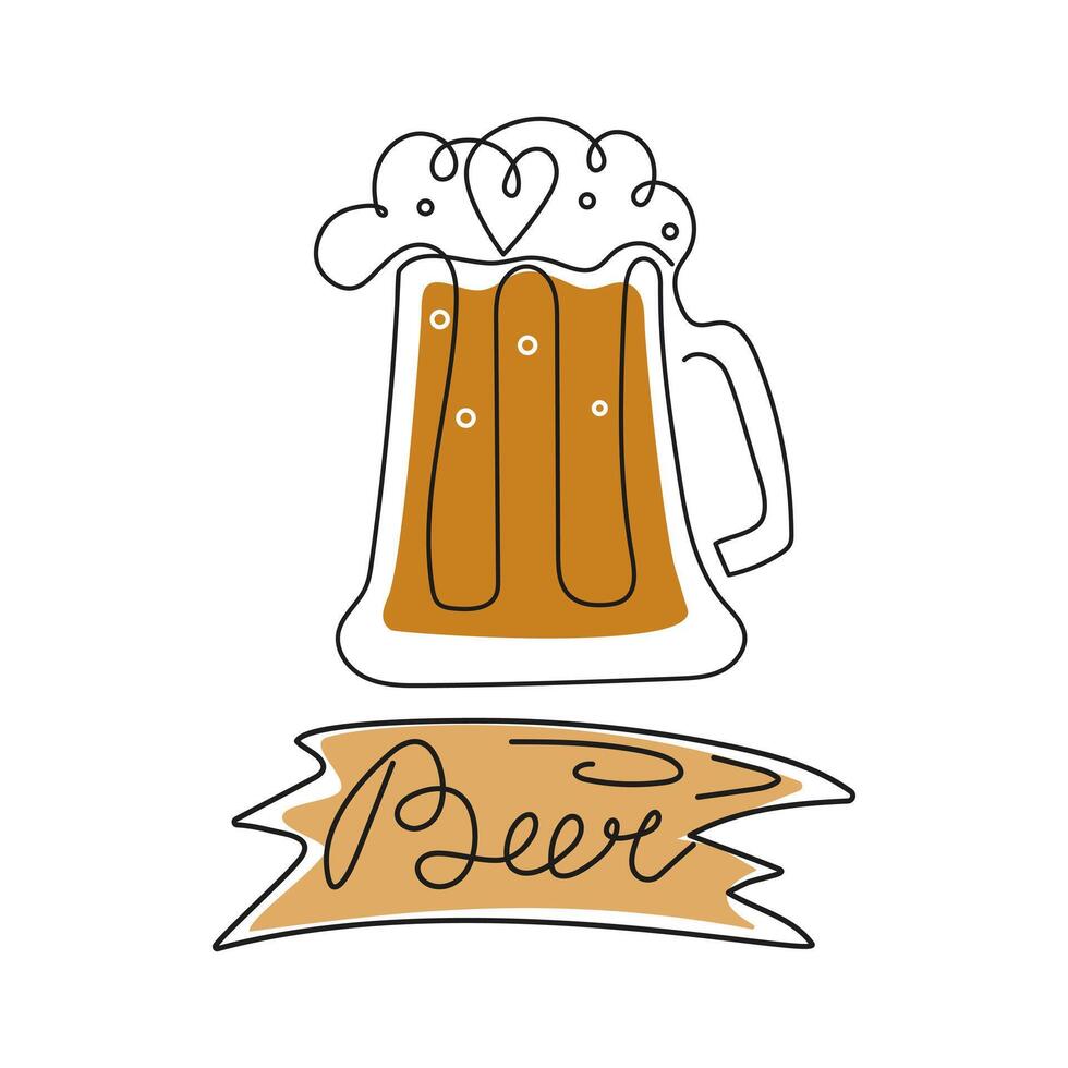 nationaal bier dag. vakantie, bier in een bier mok. lijn kunst. houten teken met een inscriptie. drankje. kalligrafie, contour tekening. vector illustratie, geïsoleerd achtergrond.