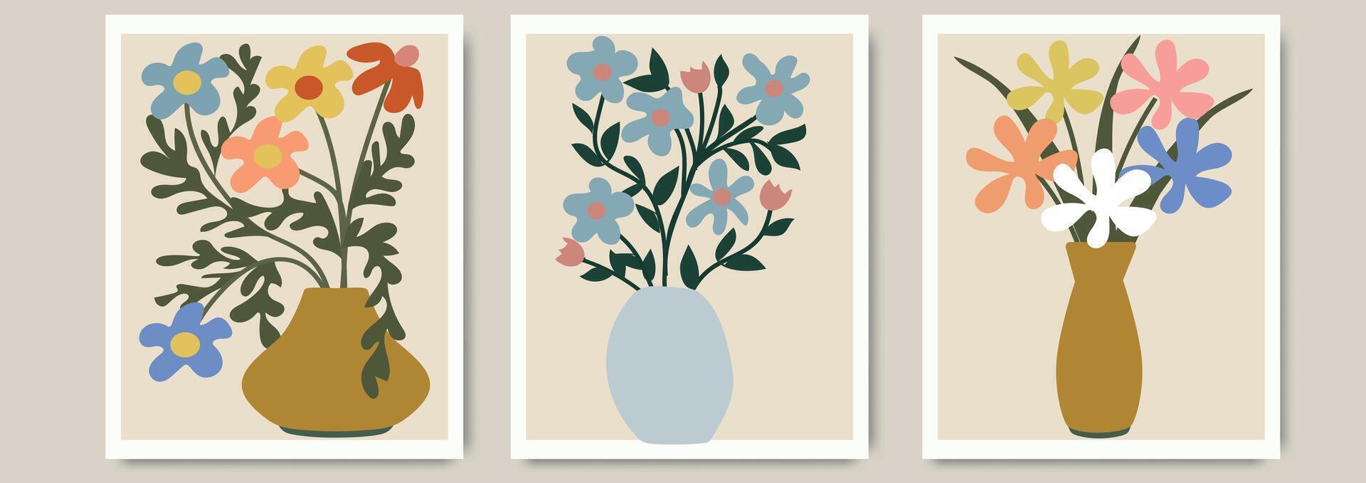 reeks van modieus wijnoogst muur prints met bloemen. modern esthetisch illustraties. Boheems stijl verzameling van hedendaags artistiek ontwerp muur decoratie, ansichtkaart, poster, brochure. vector