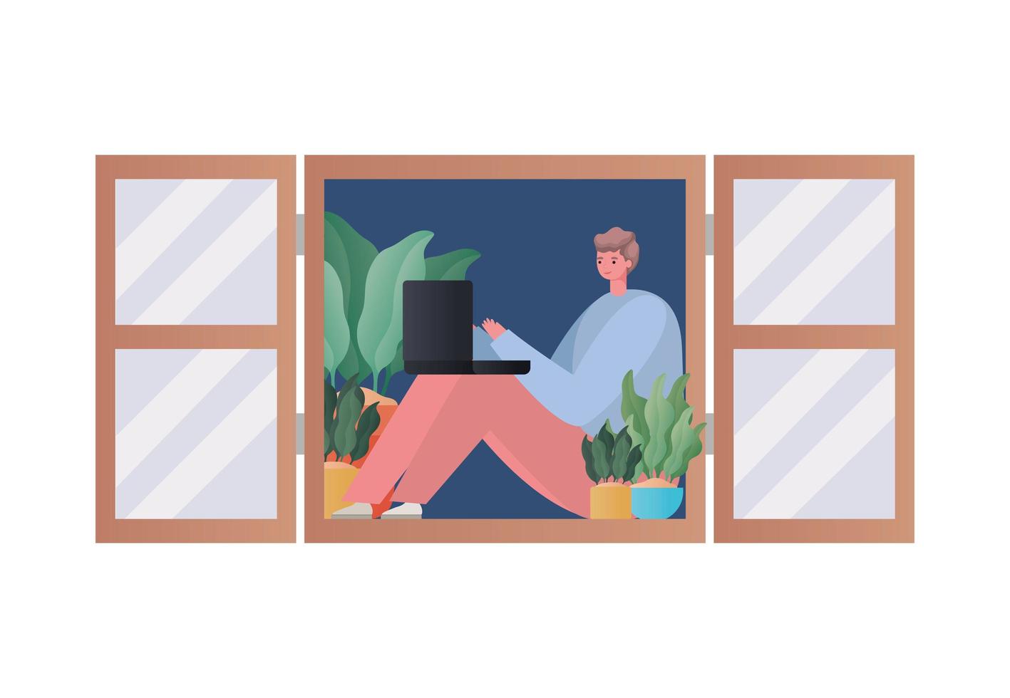 man met laptop aan het werk bij raam vector design