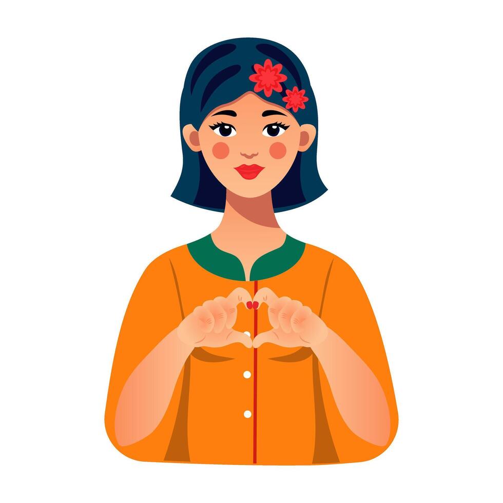 een schattig Europese meisje maakt een hart vorm met haar handen. jong vrouw tonen hart teken. concept voor Internationale vrouwen dag, valentijnsdag dag, liefde. vector illustratie.