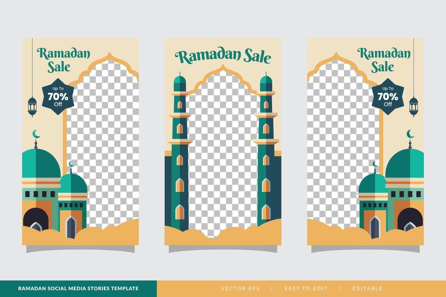 Ramadan uitverkoop sociaal media verhalen banier korting sjabloon ontwerp met moskee illustratie vector