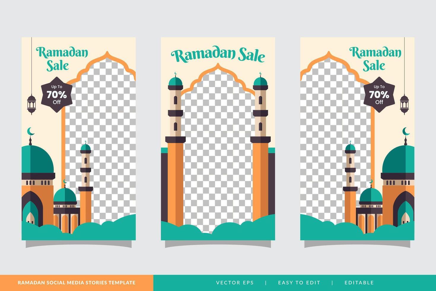 Ramadan uitverkoop sociaal media verhalen banier korting sjabloon ontwerp met moskee illustratie vector