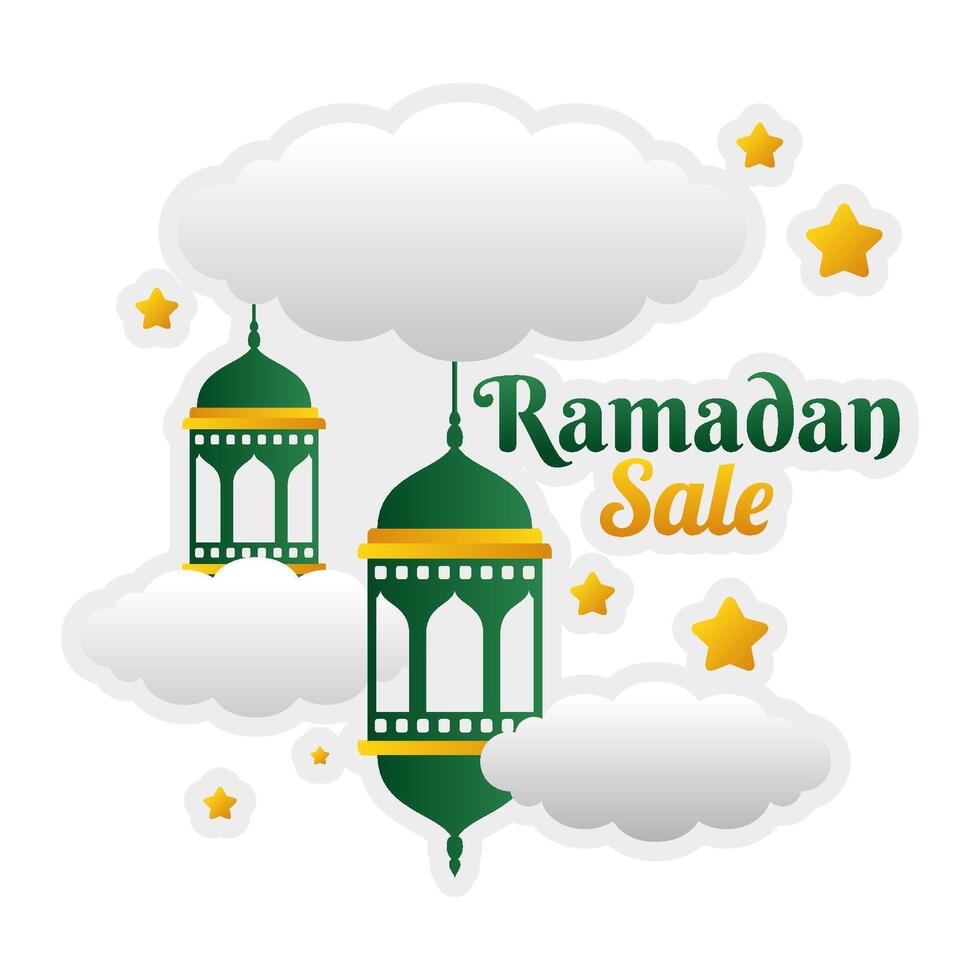 Islamitisch Ramadan uitverkoop etiket insigne banier sjabloon ontwerp in de wolk lucht achtergrond vector
