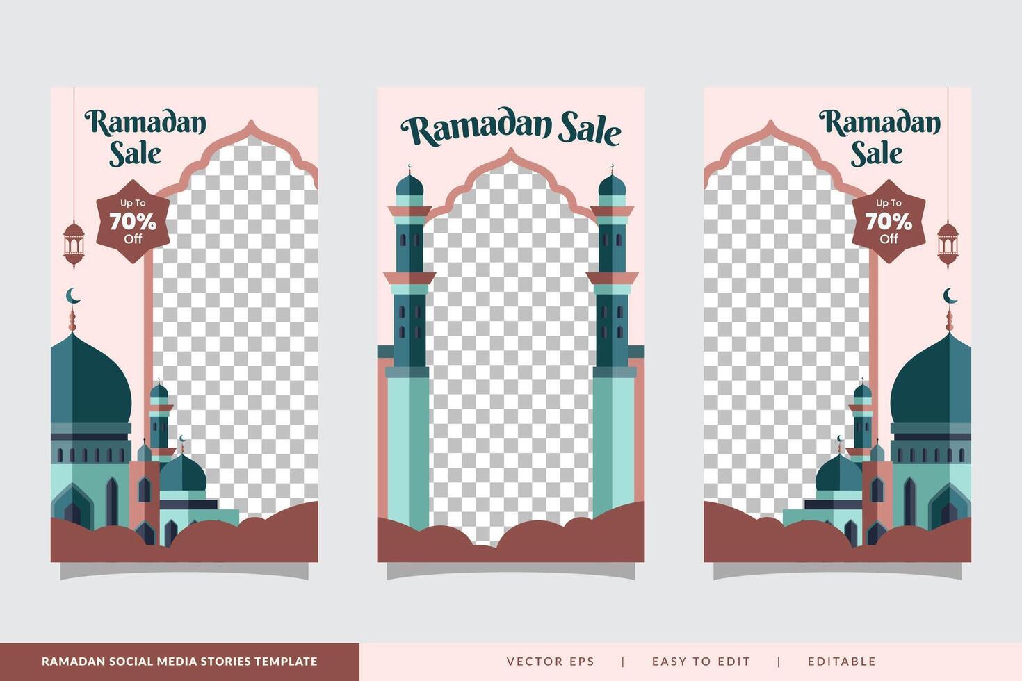 Ramadan uitverkoop sociaal media verhalen banier korting sjabloon ontwerp met moskee illustratie vector