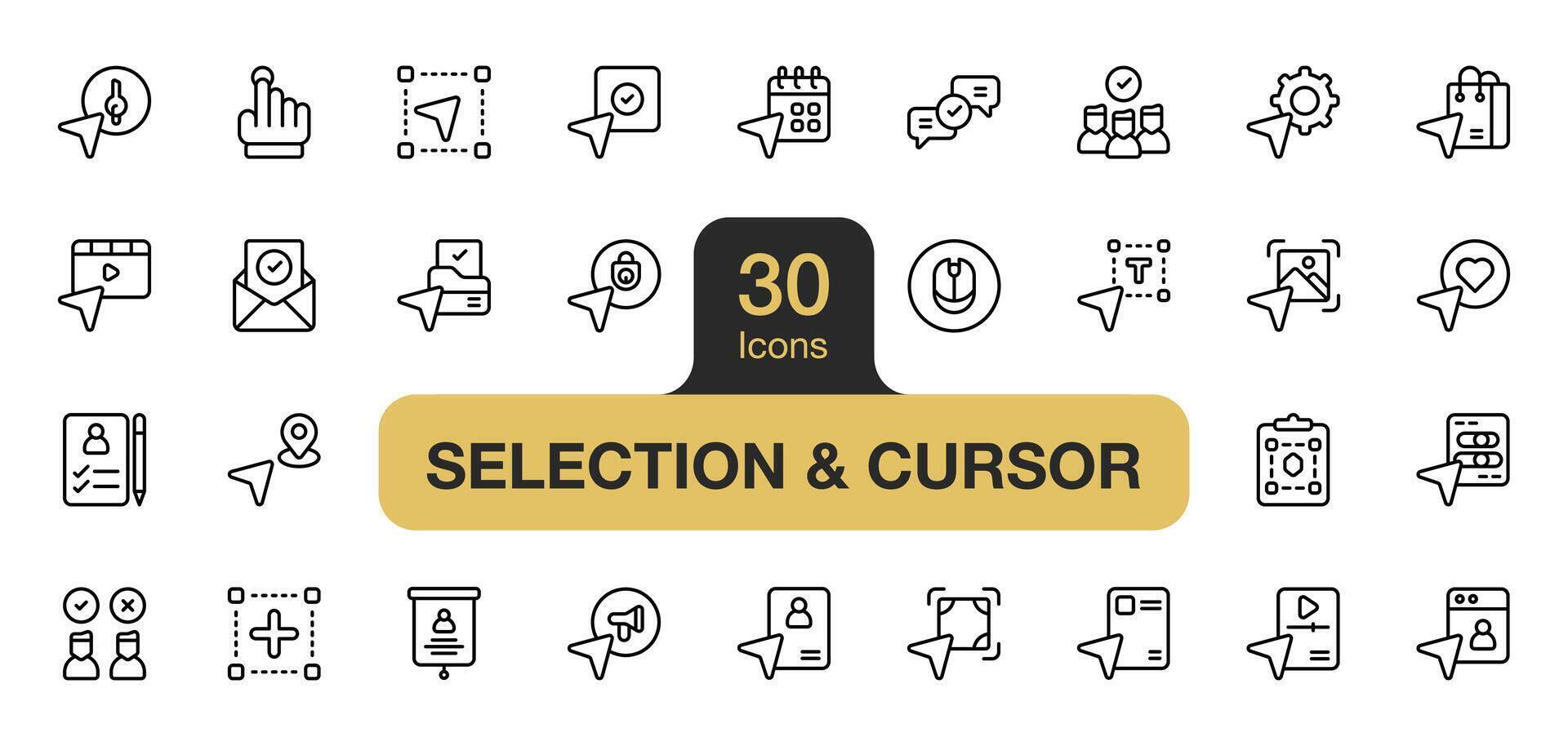 reeks van 30 selectie en cursors icoon element stelt. omvat Leuk vinden, muis, keuze, object, map, geselecteerd, en meer. schets pictogrammen vector verzameling.