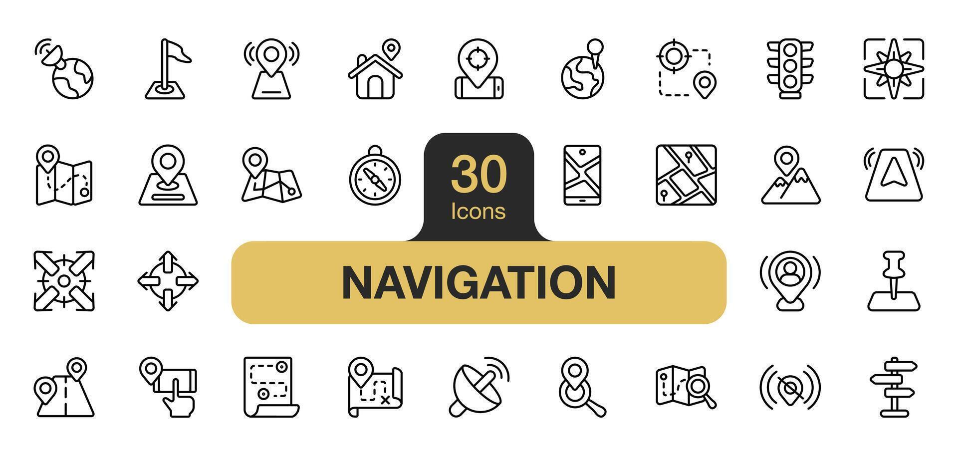 reeks van 30 navigatie icoon element set. omvat kompas, kaarten, route, berg, plaats, weg, volger, en meer. schets pictogrammen vector verzameling.