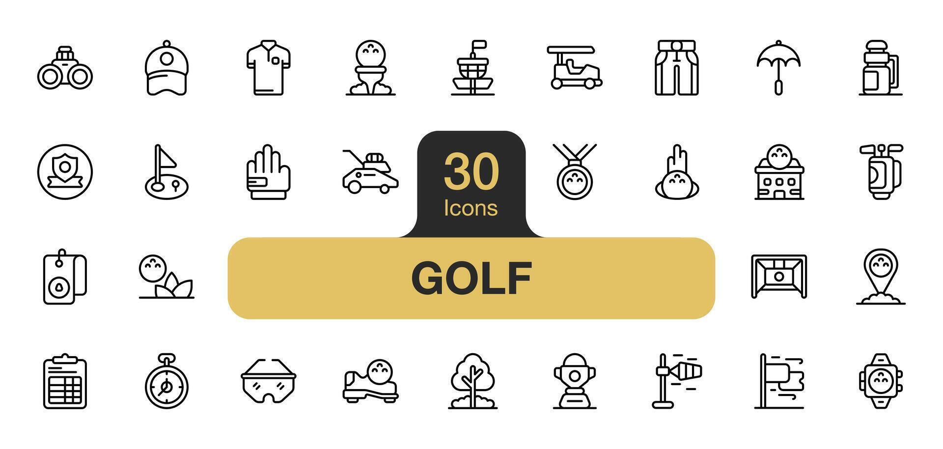 reeks van 30 golf sport icoon element stelt. omvat scoren, golf gat, kleren, trainer, paraplu, medaille, handschoen, en meer. schets pictogrammen vector verzameling.