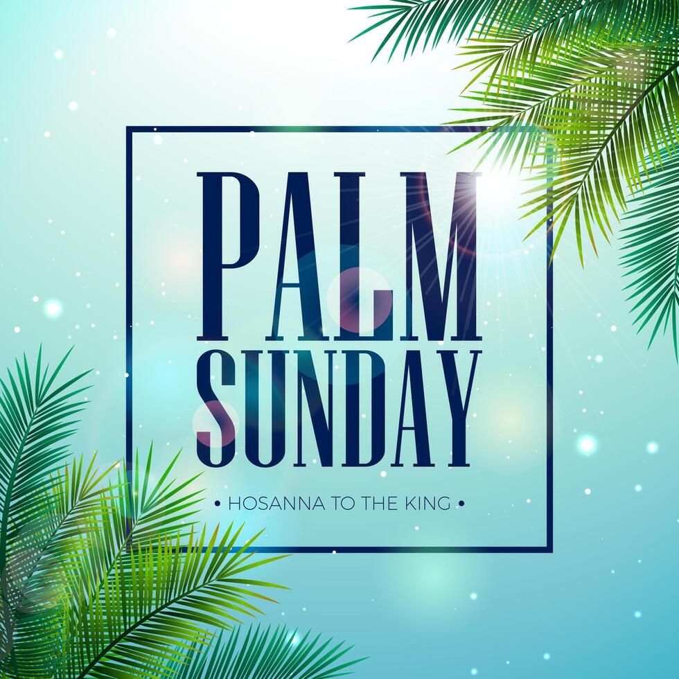 palm zondag illustratie voor christen religieus gelegenheid met palm bladeren en straal van zonneschijn Aan lucht blauw achtergrond. vector heilig week ontwerp voor redder vieren thema poster sjabloon voor banier