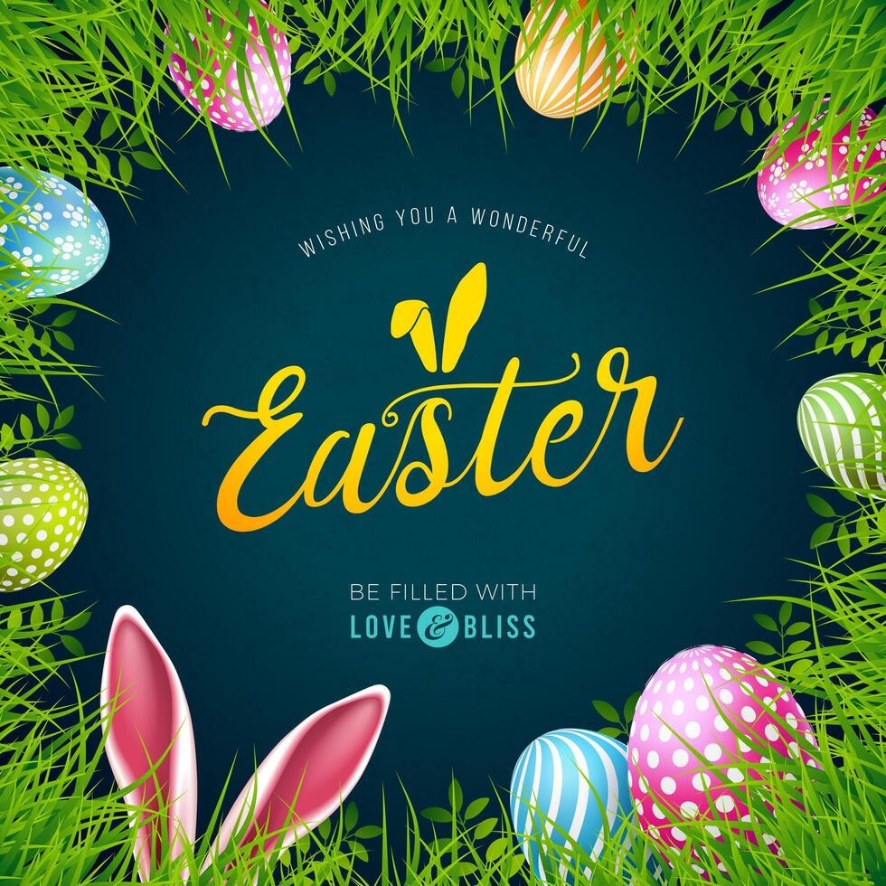 gelukkig Pasen illustratie met konijn oren, geschilderd ei en voorjaar groen gras Aan blauw achtergrond. Internationale religieus vector vakantie viering banier ontwerp met belettering voor groet kaart