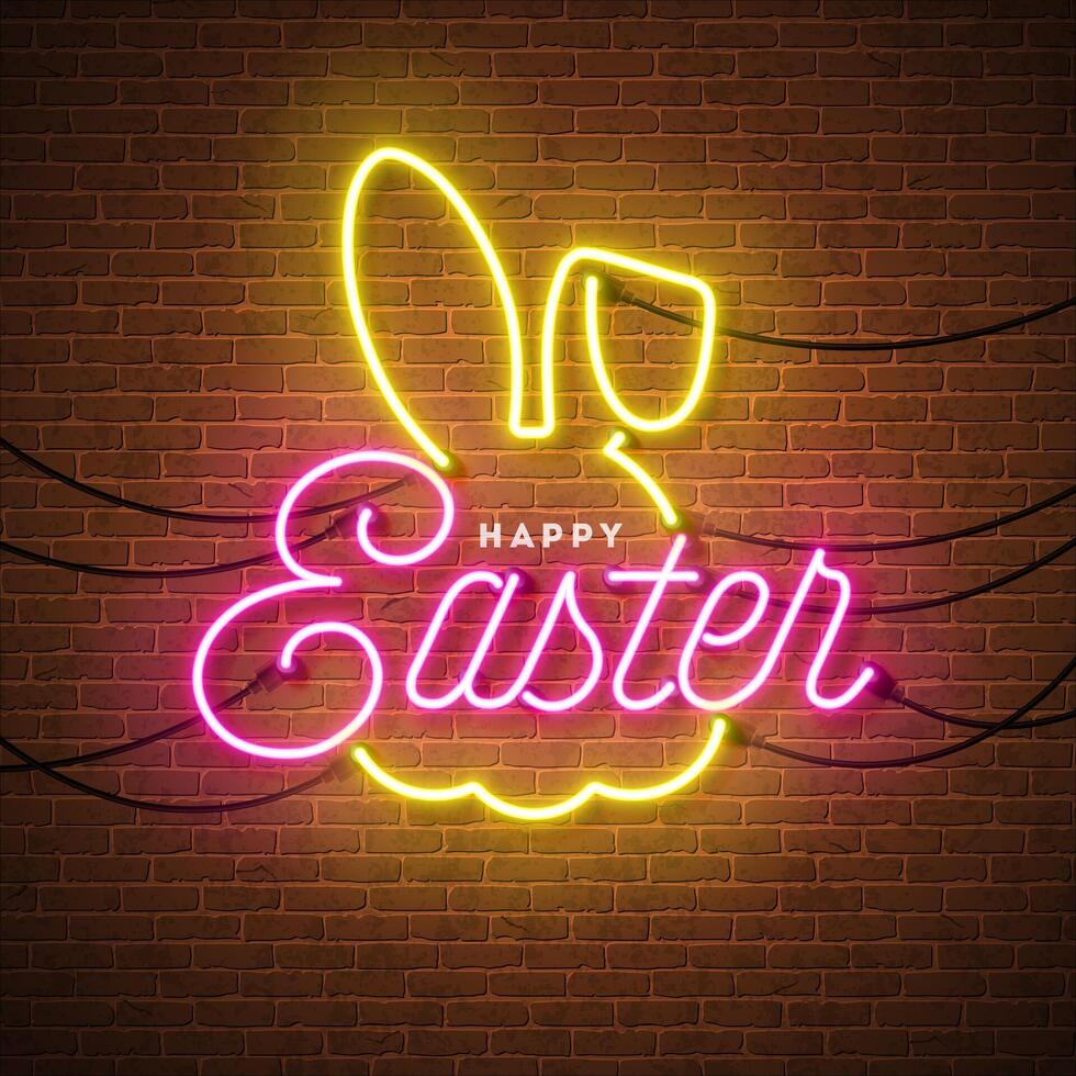 gelukkig Pasen illustratie met konijn symbool en typografie belettering gemaakt van gloeiend neon licht Aan wijnoogst steen muur achtergrond. vector Pasen dag vakantie ontwerp voor folder, groet kaart, banier