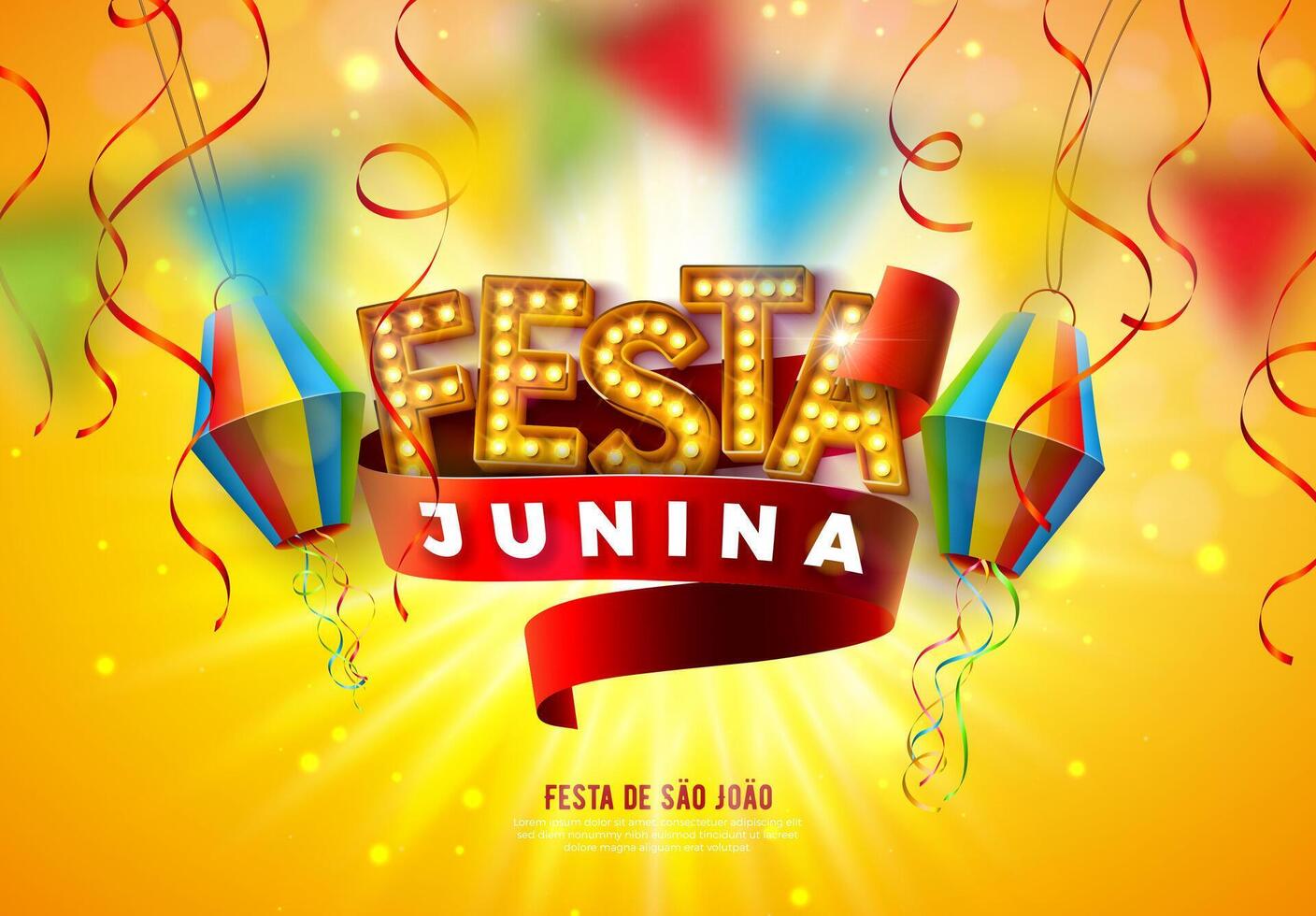 festa Junina illustratie met licht lamp aanplakbord belettering, papier lantaarn en lint Aan zon geel achtergrond. vector Brazilië juni heilige John festival ontwerp voor groet kaart, banier of vakantie