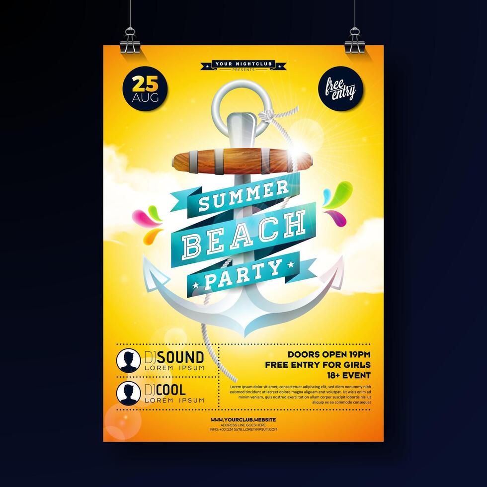 zomer strand partij poster ontwerp sjabloon met anker en wolken Aan zon geel achtergrond. vector vakantie illustratie voor banier, folder, uitnodiging, poster.