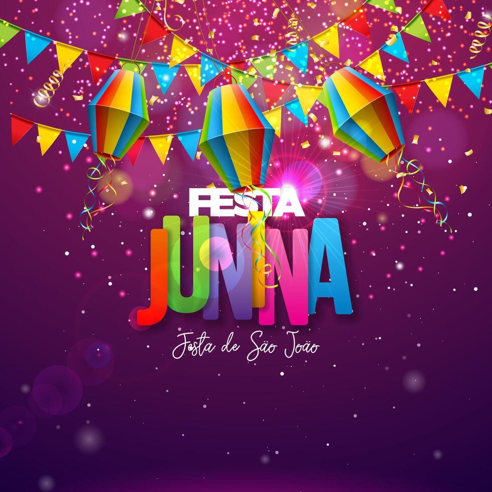 festa Junina illustratie met partij vlaggen, papier lantaarn en kleurrijk brief Aan glimmend achtergrond. vector Brazilië juni festival ontwerp voor groet kaart, uitnodiging of vakantie poster.