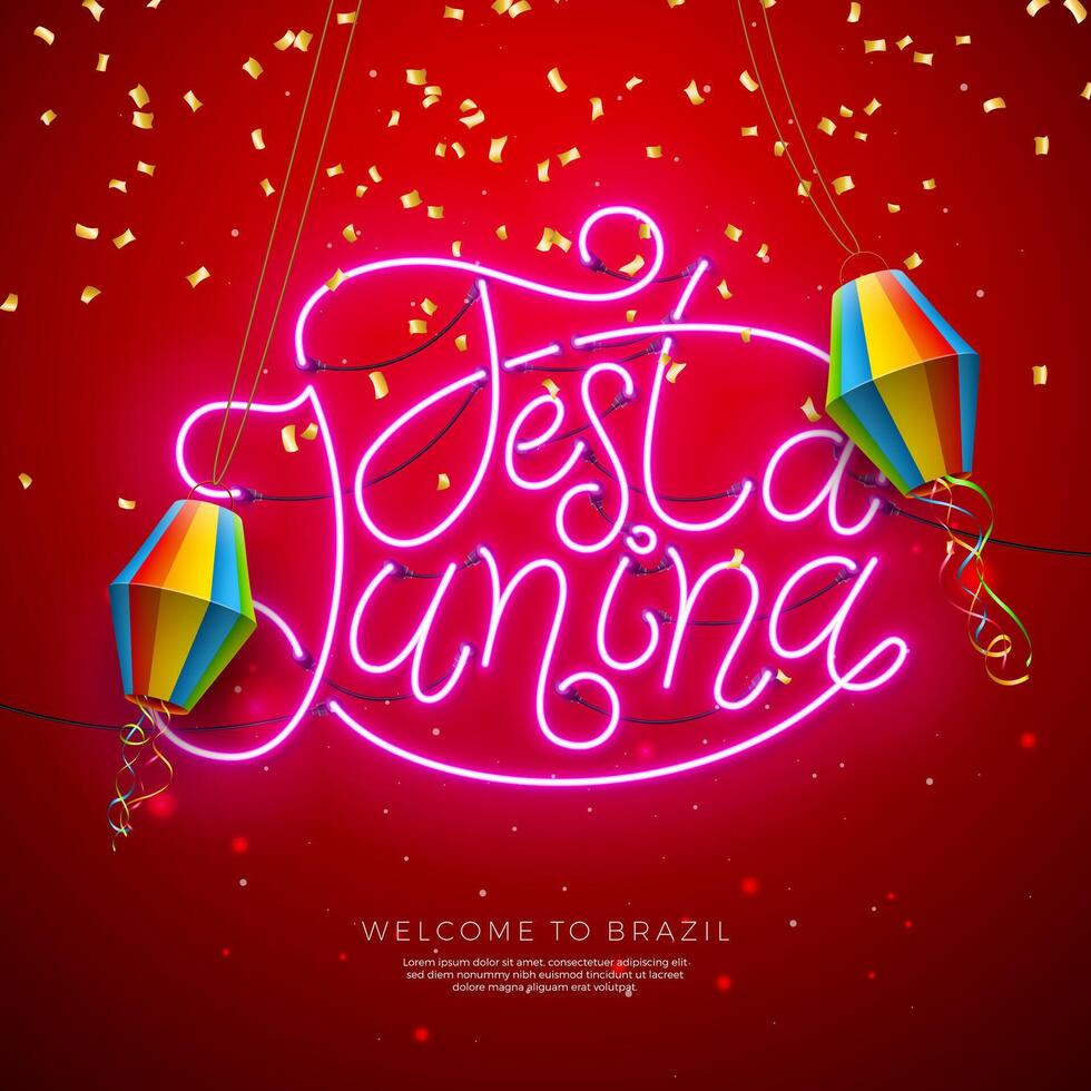 festa Junina illustratie met papier lantaarn, vallend confetti en gloeiend neon licht belettering Aan rood achtergrond. vector Brazilië juni festival ontwerp voor groet kaart, banier of vakantie poster.