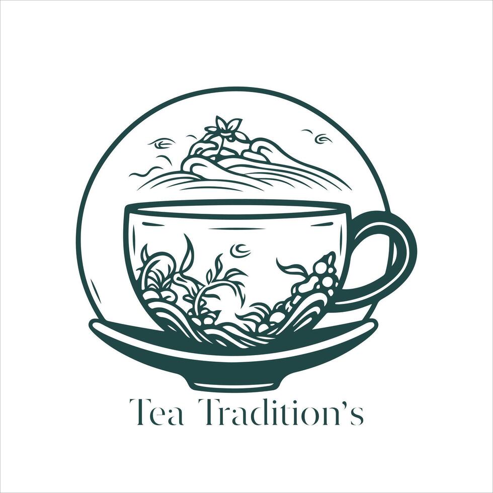 illustratie van kruiden traditioneel thee. thee beker, thee bladeren. oosters, Chinese thee logo sjabloon. vector beeld eps 10. vlak minimalistisch stijl.