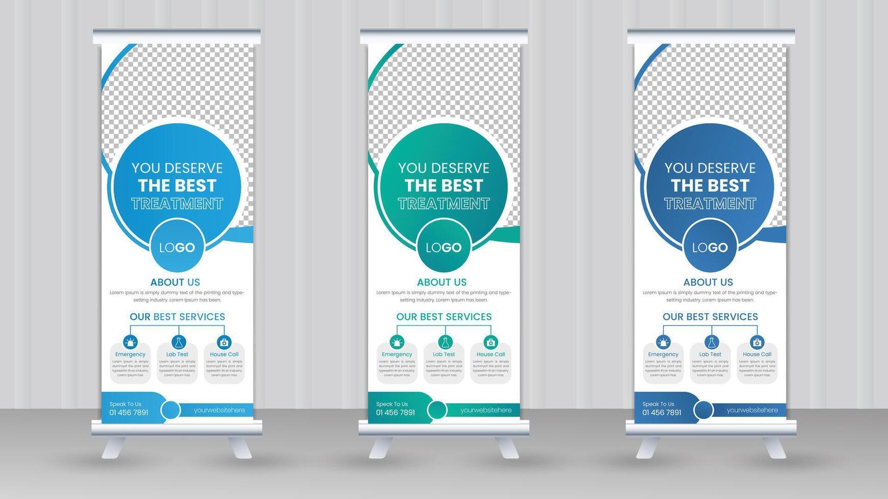 modern medisch rollen omhoog banier staan vector creatief ontwerp set, ziekenhuis X banier of uitverkoop banier sjabloon aanplakbord van modieus vlag banier of Trekken omhoog banier, standee kliniek sjabloon