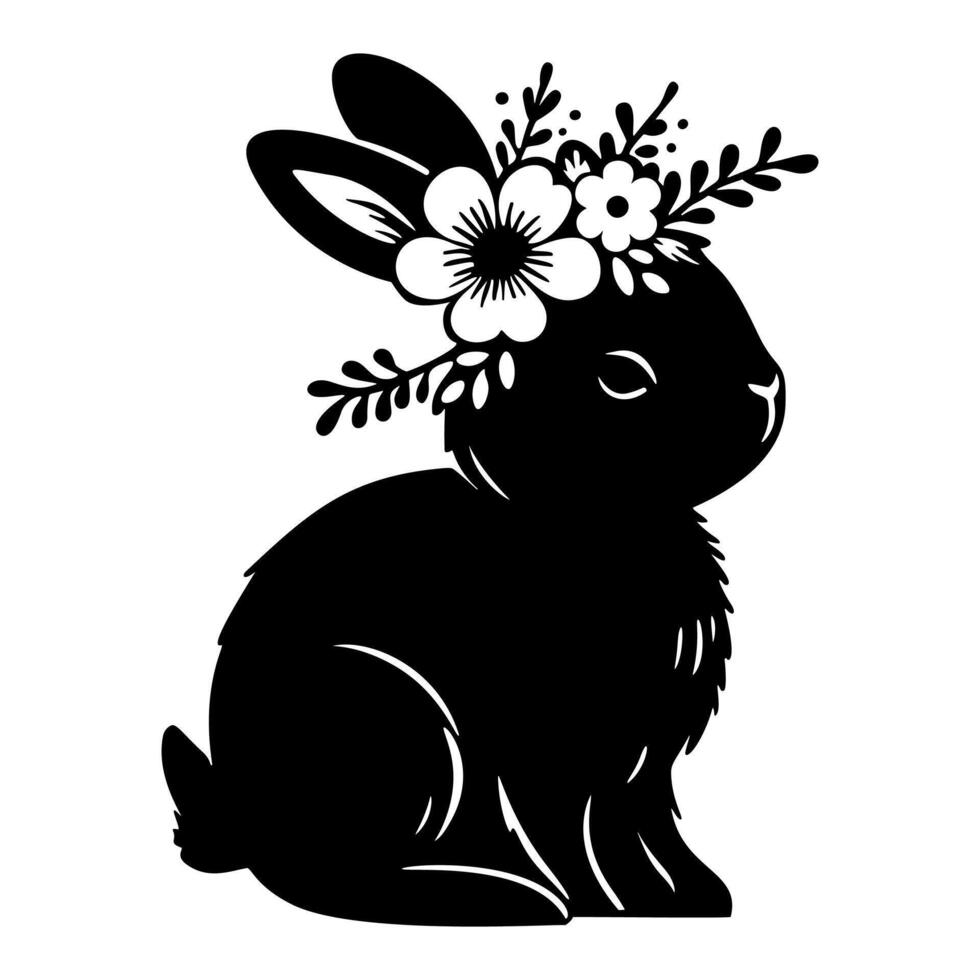 konijn silhouet illustratie met bloem lauwerkrans. vector