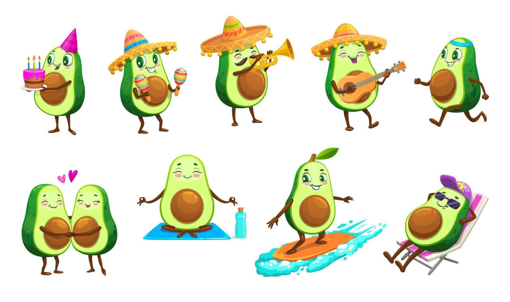 tekenfilm Mexicaans vrolijk avocado fruit tekens vector