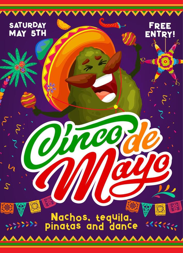 tekenfilm avocado musicus karakter, cinco de mayo vector