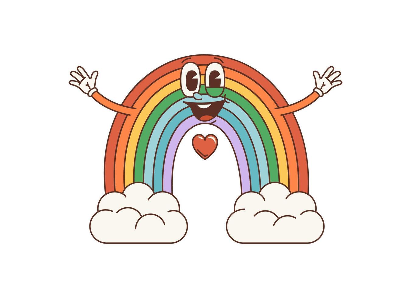 tekenfilm regenboog groovy karakter met een breed glimlach vector