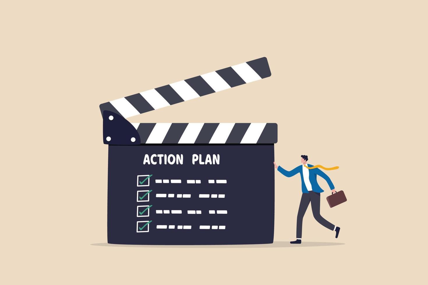 actieplan met checklist stap voor stap van bedrijfsimplementatie, procedure of strategieplan om projectconcept af te ronden, zakenmanmanager met regisseurspaan of leisteen met actieplanstappen vector