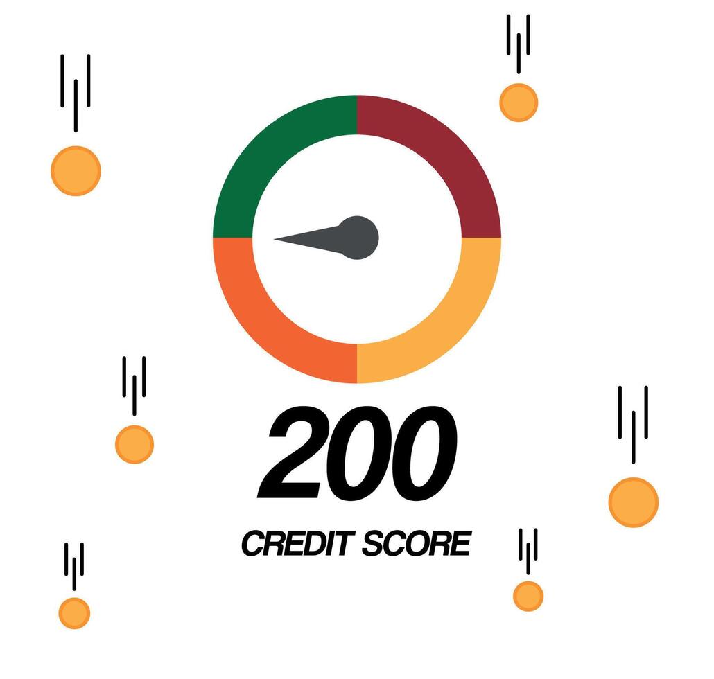 200 credit scoren. persoonlijk partituur meter, credit niveau, hypotheek en lening. financieel vector met vallend munten