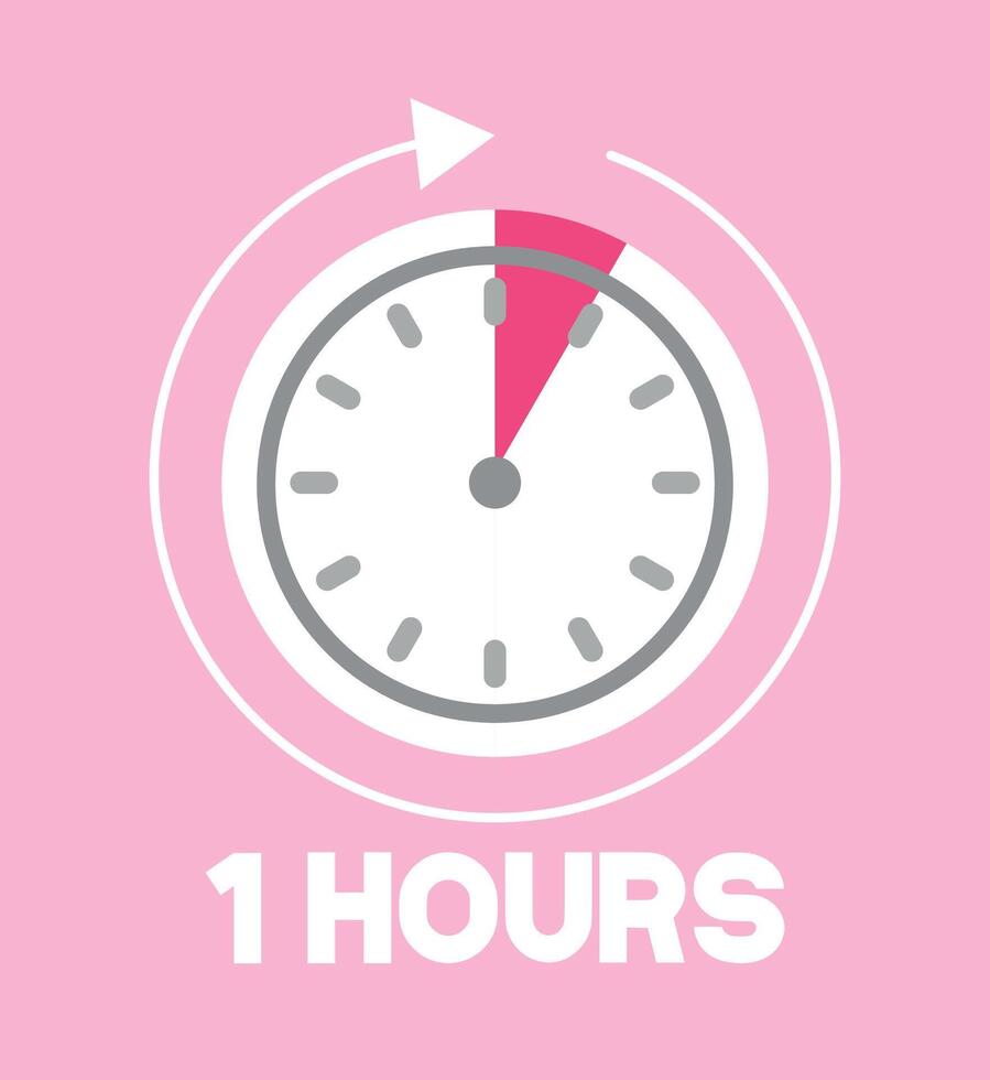 1 uren roze klok. tijd markeerstift met met de klok mee pijl. ontwerp resterend tijd vector