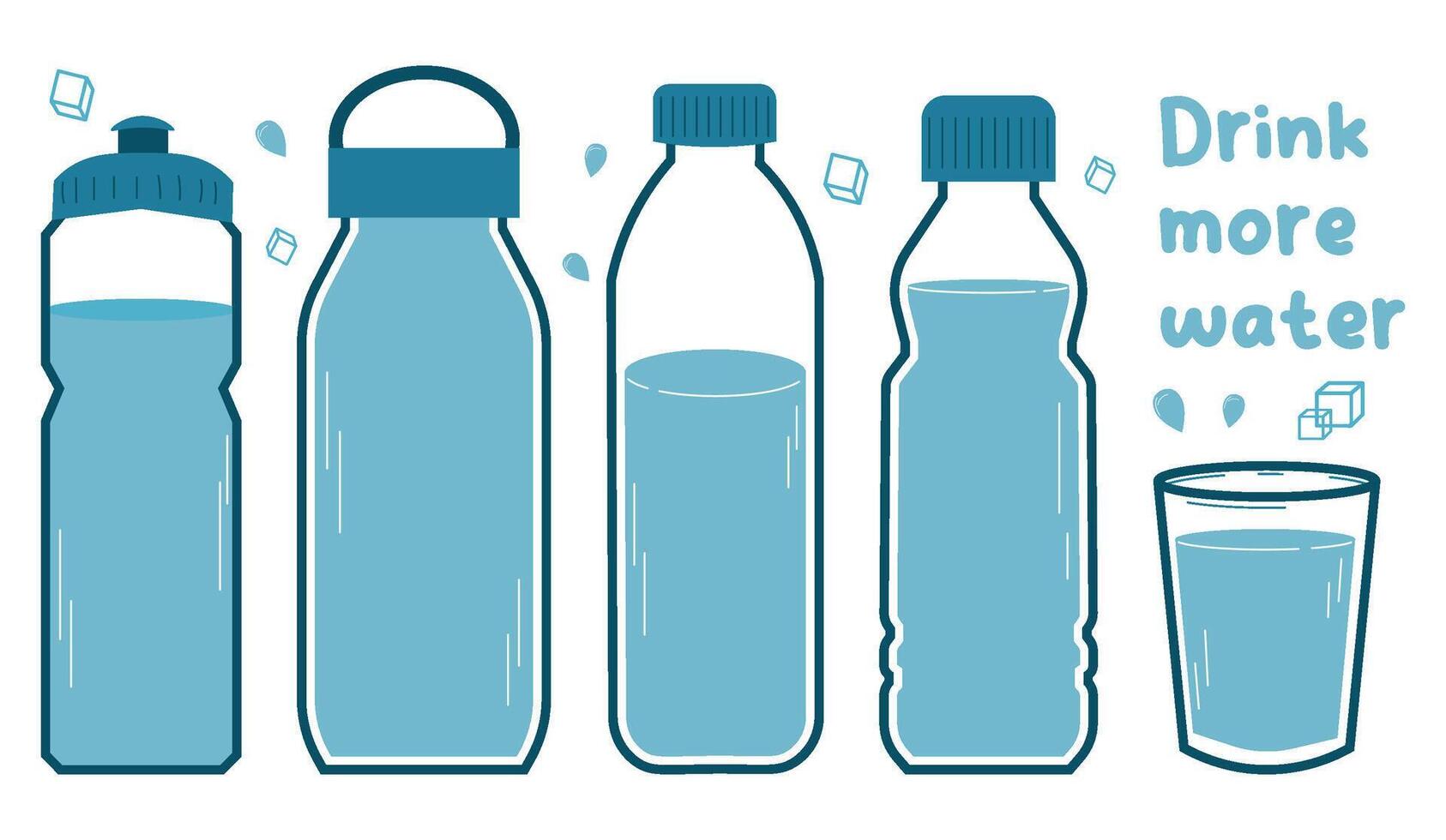 concept water evenwicht. drinken meer water. reeks flessen van water. vlak vector illustratie.