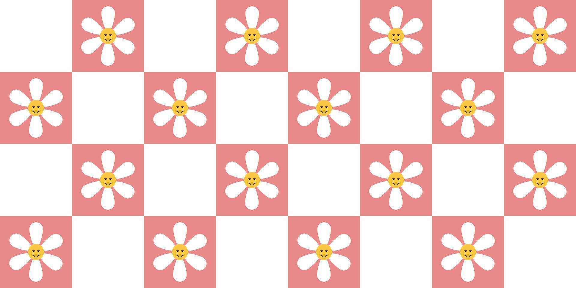 jaren 70 gevoel groovy schaakbord naadloos patroon groot plein met schattig bloem in roze gaas. rooster achtergrond, psychedelisch retro stijl. vector
