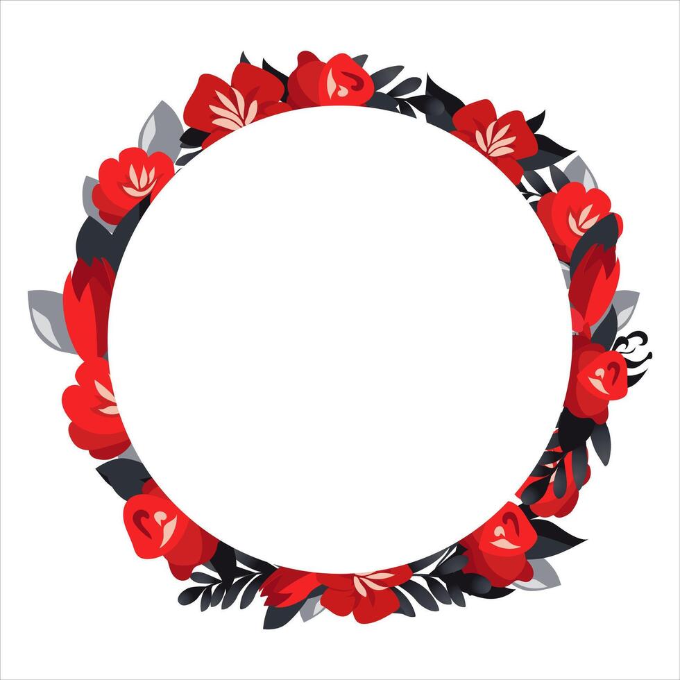 vector ronde kader van hand- getrokken bloemen voor woorden en tekst. geïsoleerd rood zwart vignet met tulpen en rozen voor ontwerp, comics en vlak banners